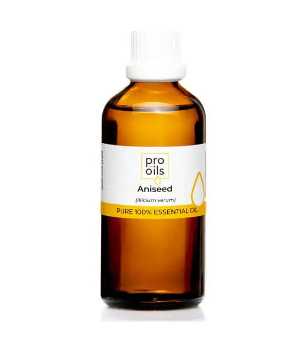 Bottle of Pro Oils Aniseed essential oil on a white background