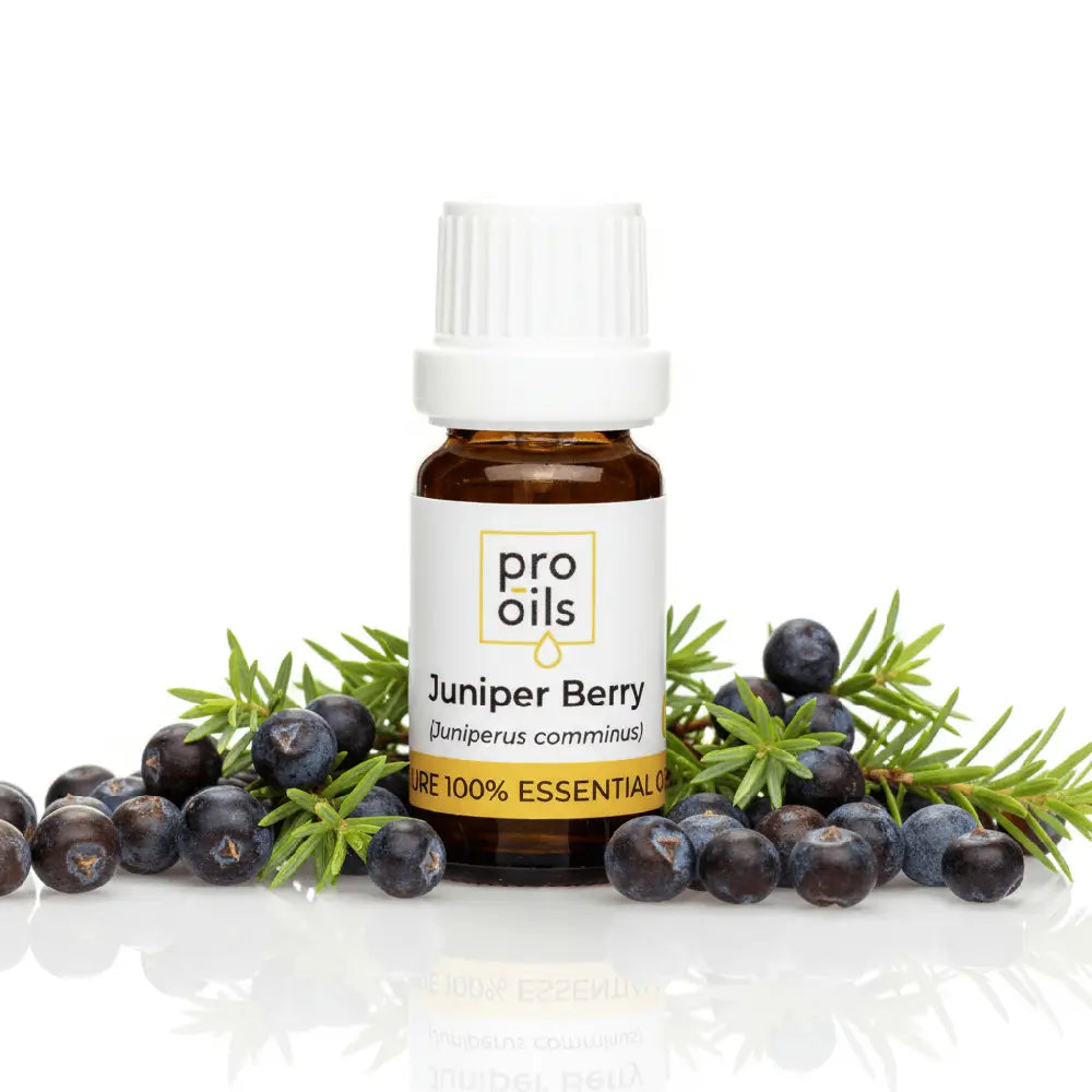 Pro Oils Juniper Berry essential oil bottle with juniper berries and leaves on a white background