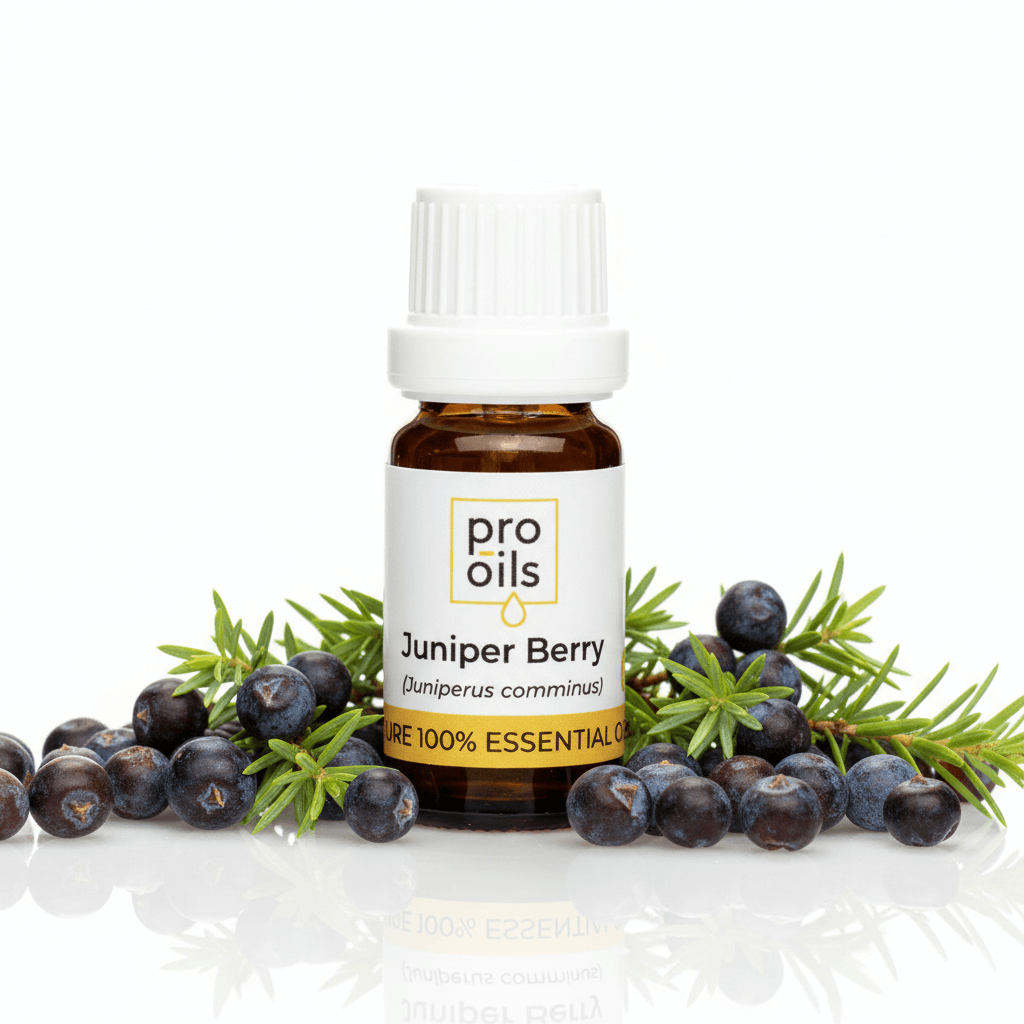 Pro Oils Juniper Berry essential oil bottle with juniper berries and green leaves on a white background