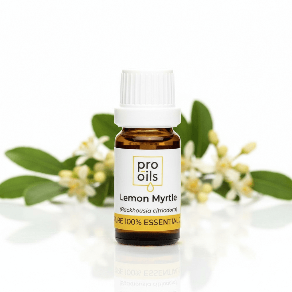 Bottle of Pro Oils Lemon Myrtle essential oil with leaves and flowers in the background