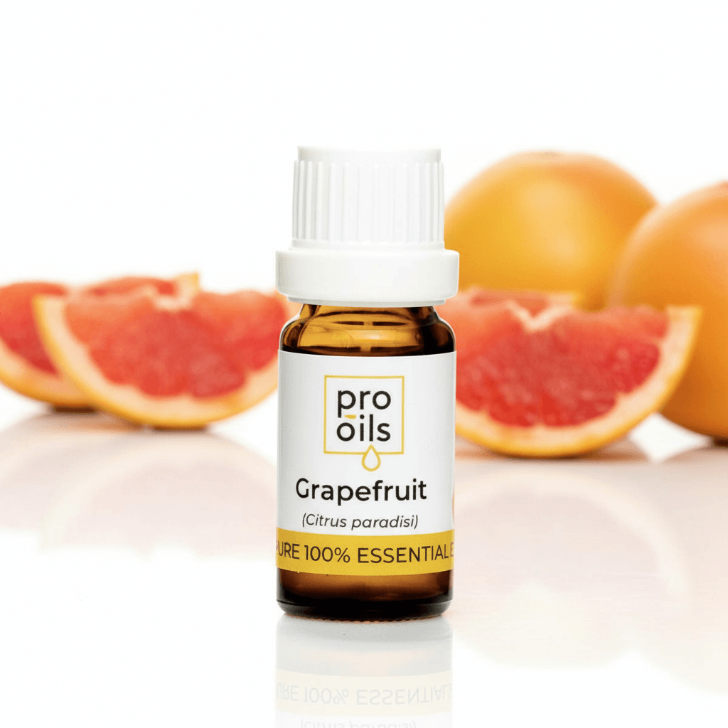 Bottle of Pro Oils Grapefruit essential oil with grapefruits in the background