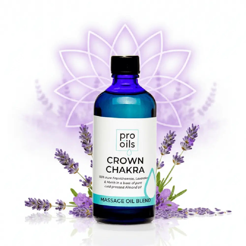 Bottle of Pro Oils Crown Chakra massage oil blend with lavender flowers and a chakra design in the background.