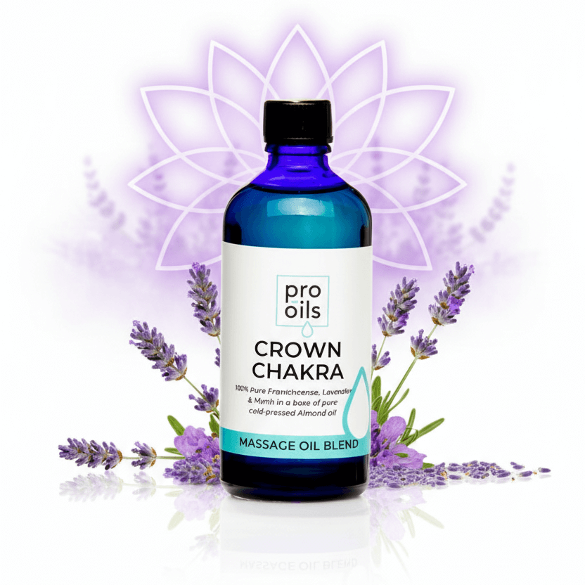 Bottle of Pro Oils Crown Chakra massage oil blend with lavender flowers on a white background