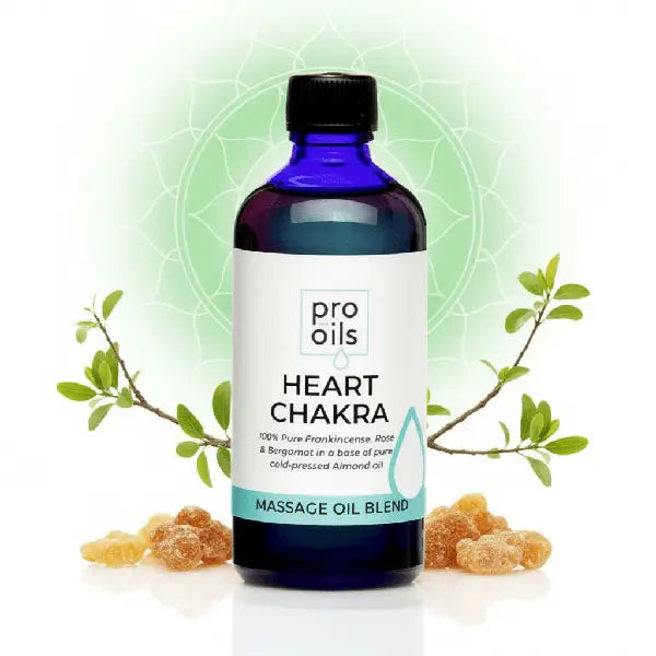 Bottle of pro oils Heart Chakra massage oil blend with a green circular design in the background.