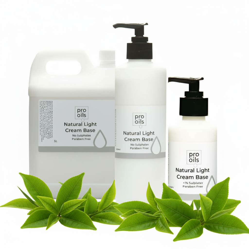 Three bottles of Pro Oils Natural Light Cream Base with green leaves on a white background