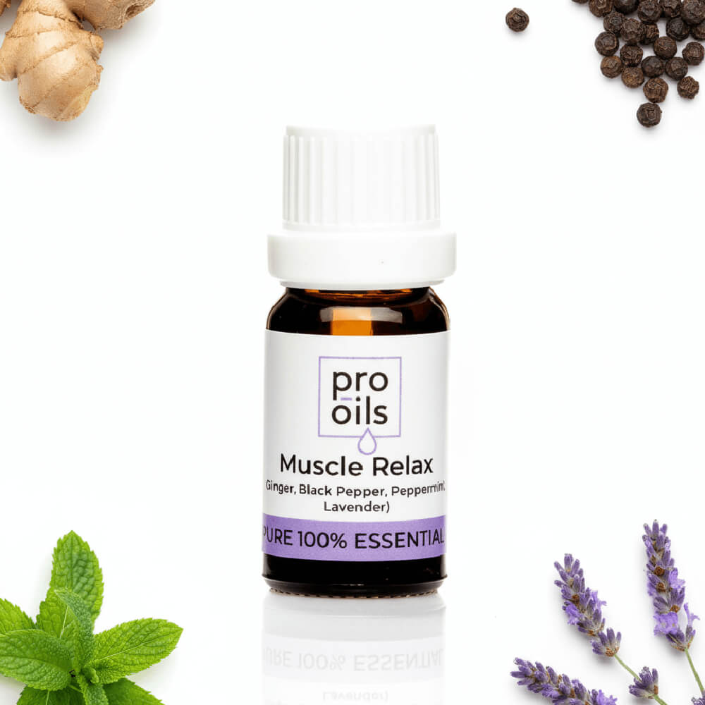 Bottle of Pro Oils Muscle Relax essential oil with lavender, ginger, and peppercorn on a white background