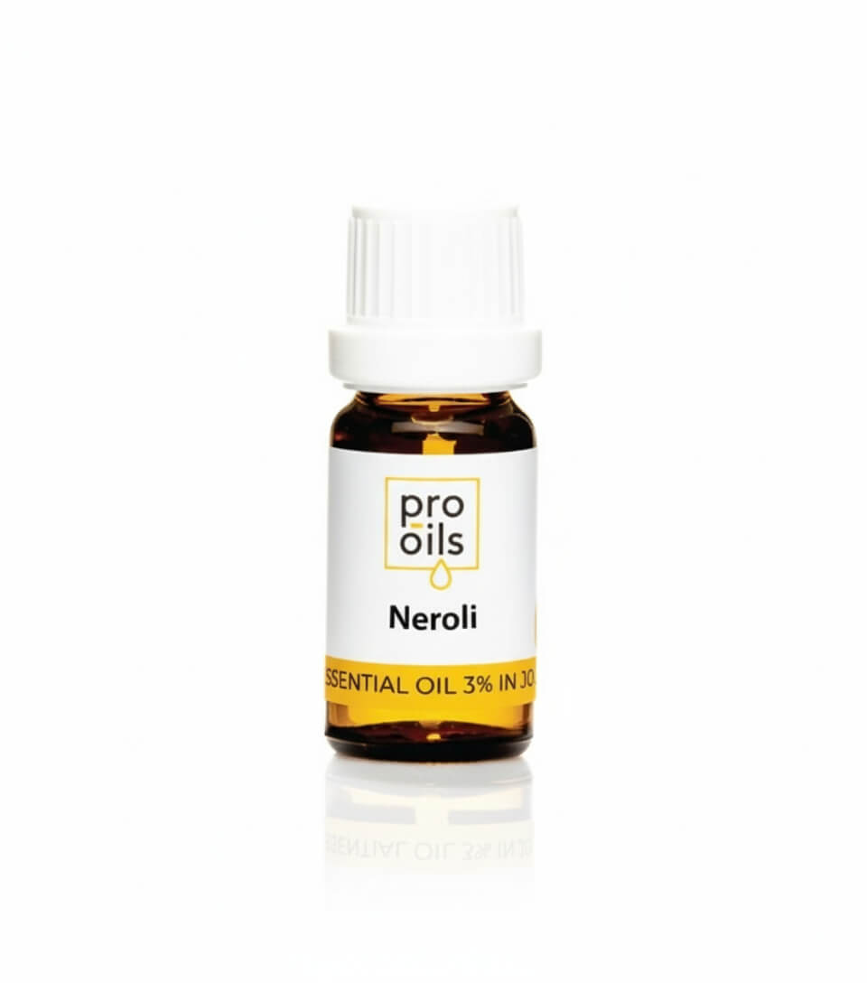 Bottle of Pro Oils Neroli essential oil on a white background
