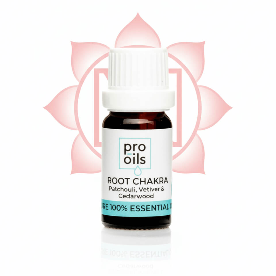 Bottle of pro oils Root Chakra essential oil blend with a pink lotus flower in the background