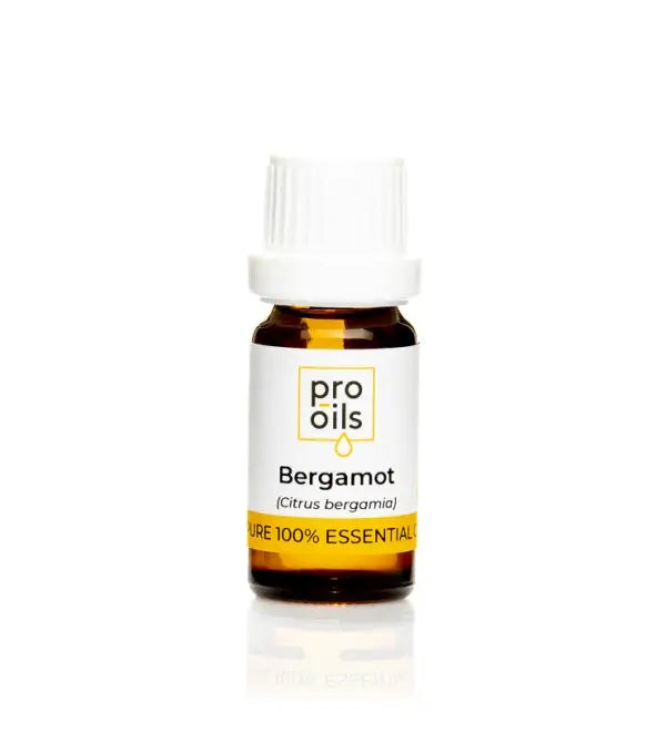 Bottle of Pro Oils Bergamot essential oil on a white background