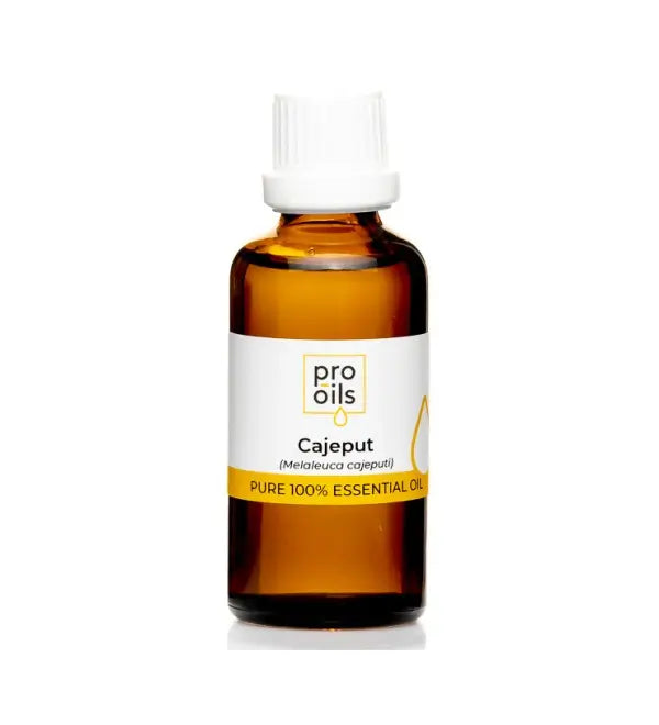 Bottle of Pro Oils Cajeput essential oil on a white background