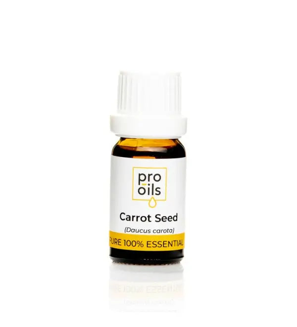 Bottle of Pro Oils Carrot Seed essential oil on a white background