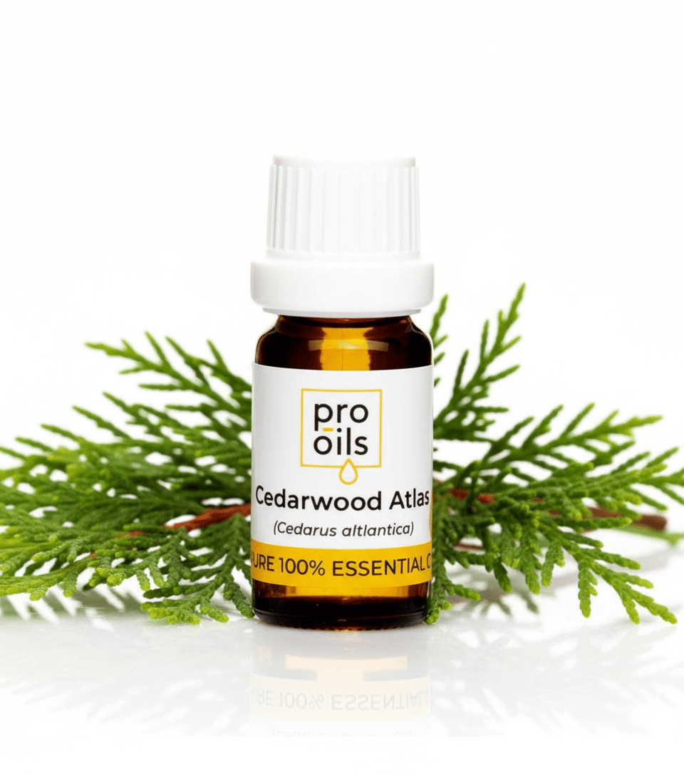 Bottle of Pro Oils Cedarwood Atlas essential oil with green leaves on a white background