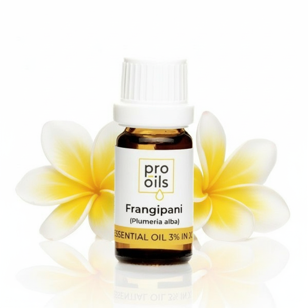 Bottle of Pro Oils Frangipani essential oil with flowers on a white background
