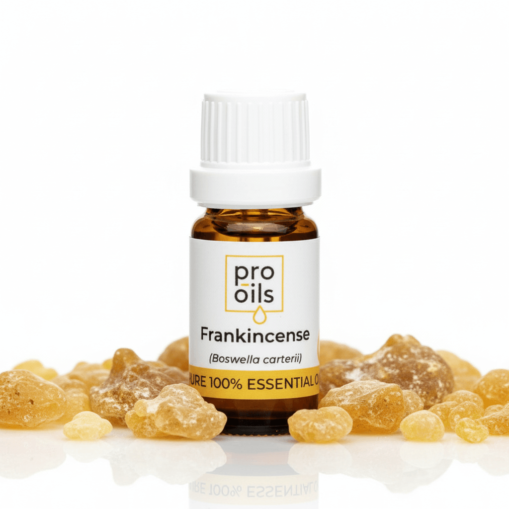 Bottle of Pro Oils Frankincense essential oil with frankincense resin on a white background