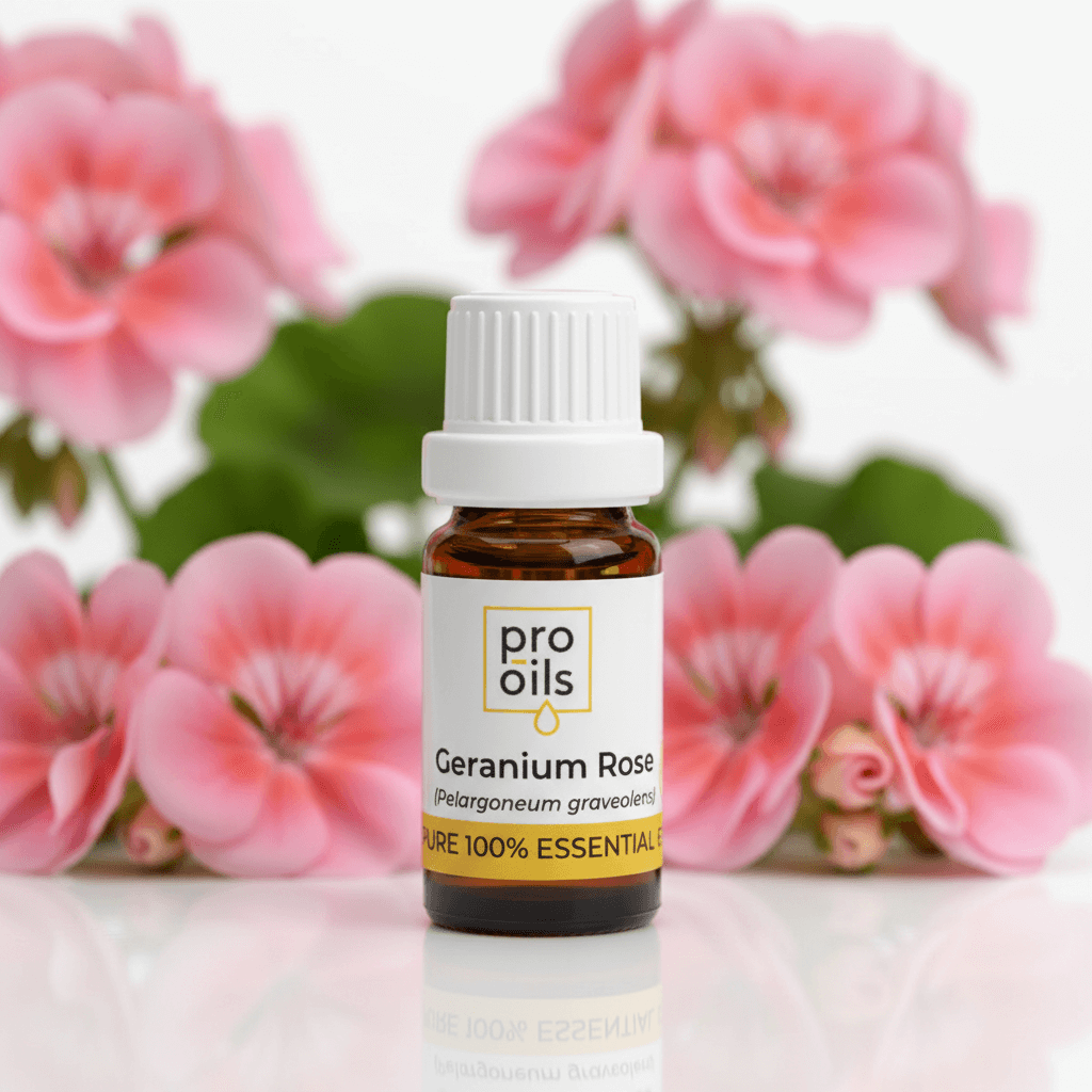 Bottle of Pro Oils Geranium Rose essential oil with pink flowers in the background