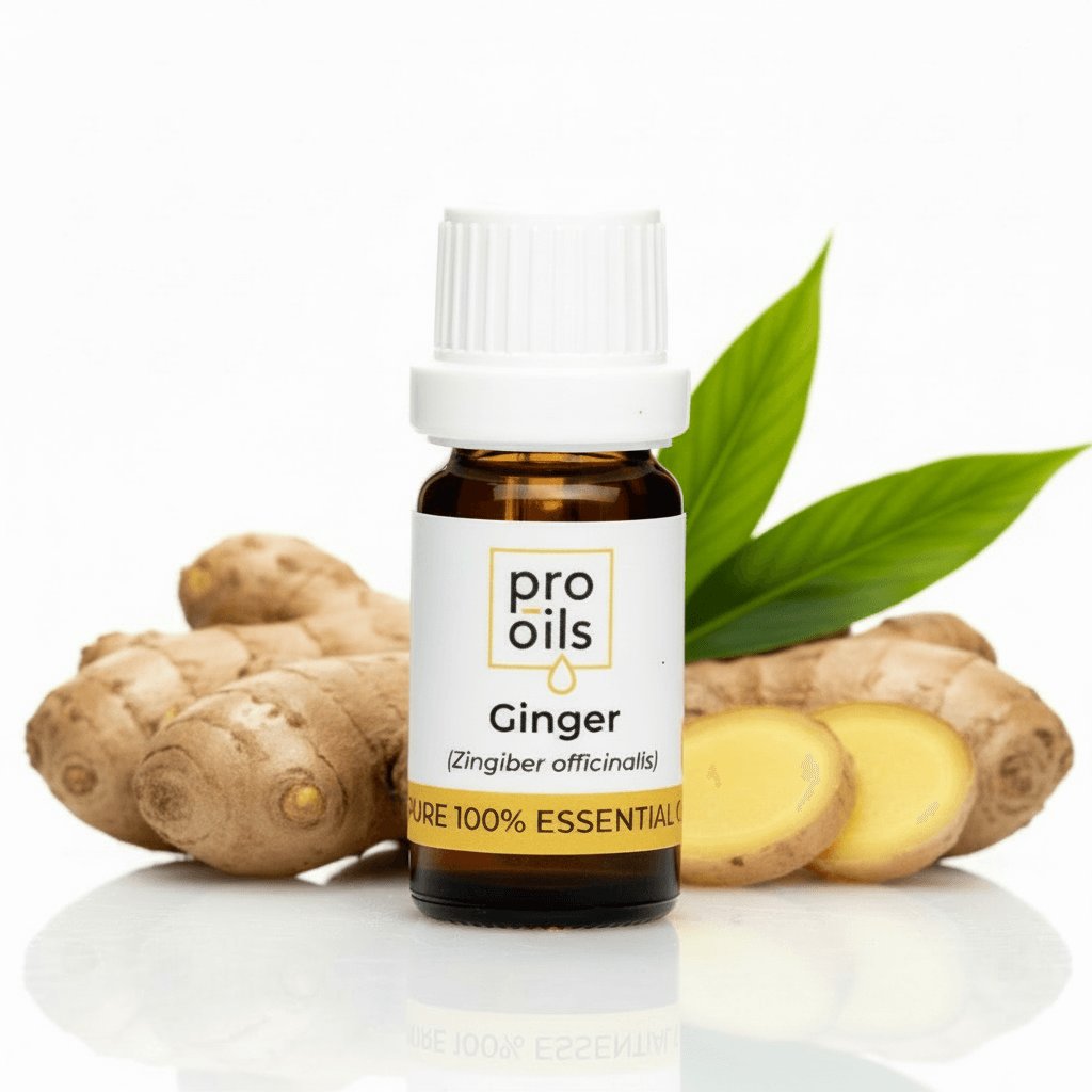 Bottle of Pro Oils Ginger essential oil with ginger root and leaves on a white background