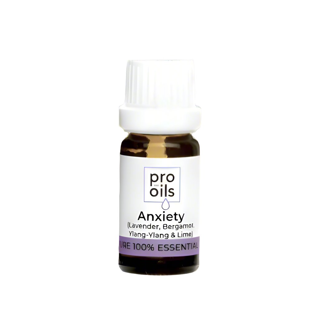 Pro Oils Anxiety Blend essential oil bottle with a soothing blend designed for stress relief and relaxation