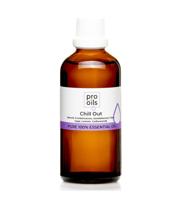 Pro Oils Chill Out Blend essential oil bottle designed for stress relief and relaxation with a calming scent