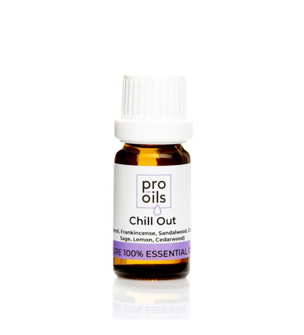 Pro Oils Chill Out Blend essential oil bottle designed for stress relief and relaxation with a calming scent
