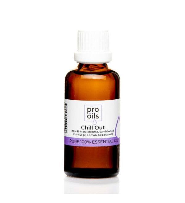 Pro Oils Chill Out Blend essential oil bottle designed for stress relief and relaxation with a calming scent