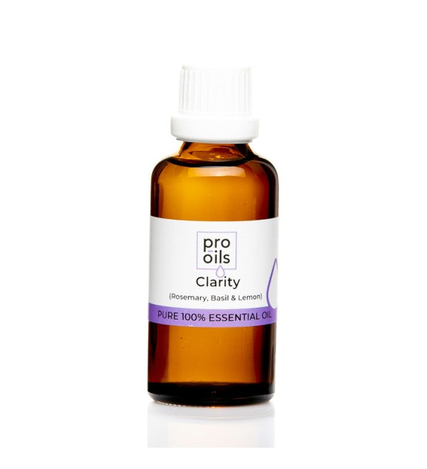 Pro Oils Clarity Blend essential oil bottle featuring a refreshing blend designed to enhance focus and mental clarity