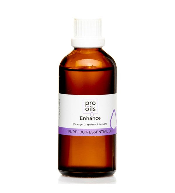 Pro Oils Enhance Essential Oil Blend bottle featuring a revitalizing citrus blend designed for mood upliftment, mental clarity, and rejuvenation in aromatherapy