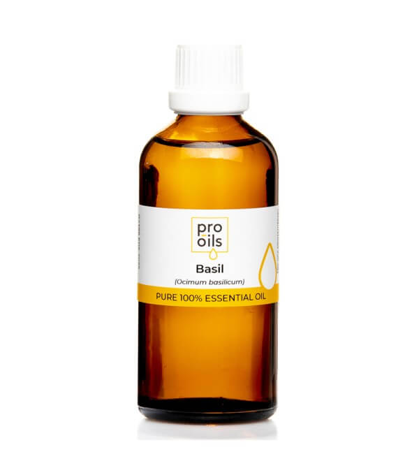 Bottle of Pro Oils Basil essential oil on a white background