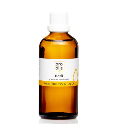 Bottle of Pro Oils Basil essential oil on a white background