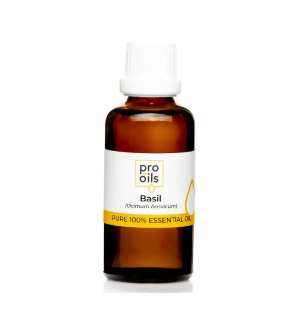 Bottle of Pro Oils Basil essential oil on a white background