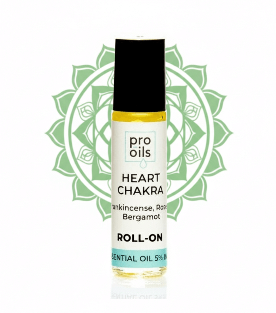 Pro Oils Heart Chakra roll-on essential oil bottle with a green mandala design on a white background