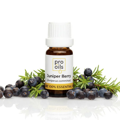 Pro Oils Juniper Berry essential oil bottle with juniper berries and leaves on a white background