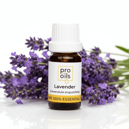 Bottle of Pro Oils lavender essential oil with lavender flowers on a white background