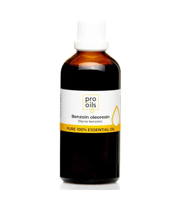Bottle of Pro Oils Benzoin oleoresin essential oil on a white background