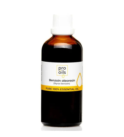 Bottle of Pro Oils Benzoin oleoresin essential oil on a white background