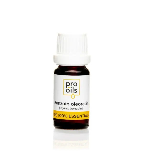 Bottle of Pro Oils Benzoin oleoresin essential oil on a white background for snoothing