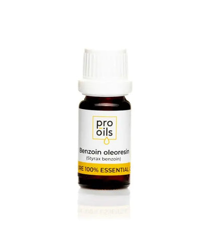 Bottle of Pro Oils Benzoin oleoresin essential oil on a white background for snoothing