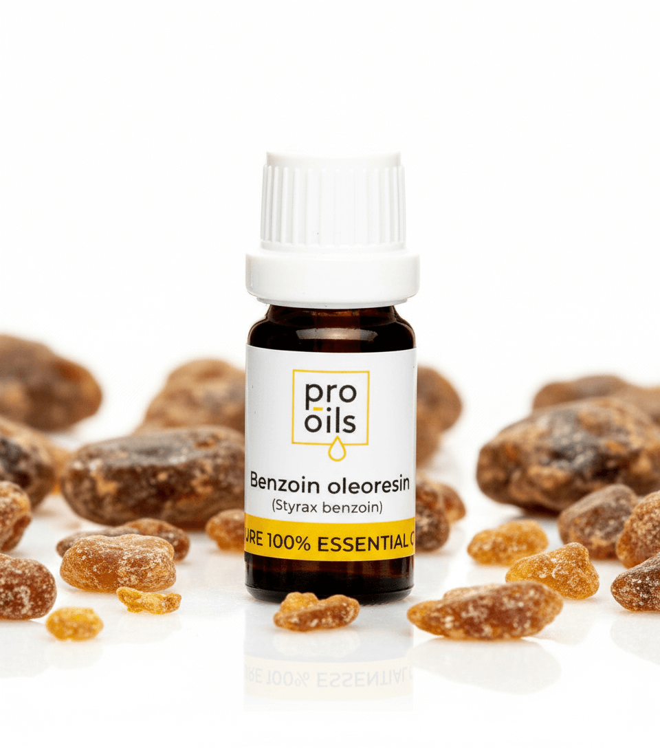 Bottle of Pro Oils benzoin oleoresin essential oil with benzoin resin on a white background