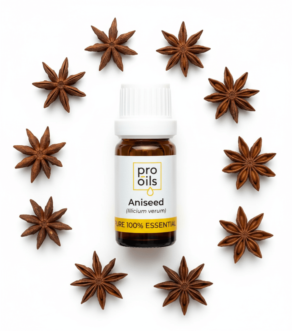 Bottle of Pro Oils Aniseed essential oil surrounded by star anise seeds on a white background