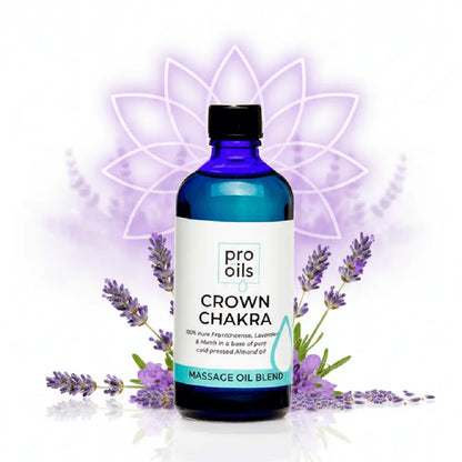 Bottle of Pro Oils Crown Chakra massage oil blend with lavender flowers and a chakra design in the background.