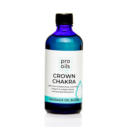 Bottle of Pro Oils Crown Chakra massage oil blend on a white background