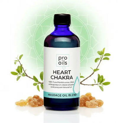 Bottle of pro oils Heart Chakra massage oil blend with a green circular design in the background.