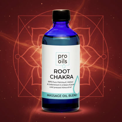 Bottle of Pro Oils Root Chakra massage oil blend on a red background with geometric designs.