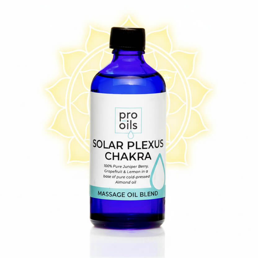 Bottle of Pro Oils Solar Plexus Chakra massage oil blend with a white background