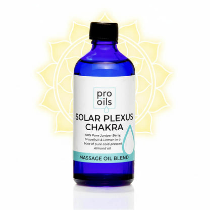 Bottle of Pro Oils Solar Plexus Chakra massage oil blend with a white background