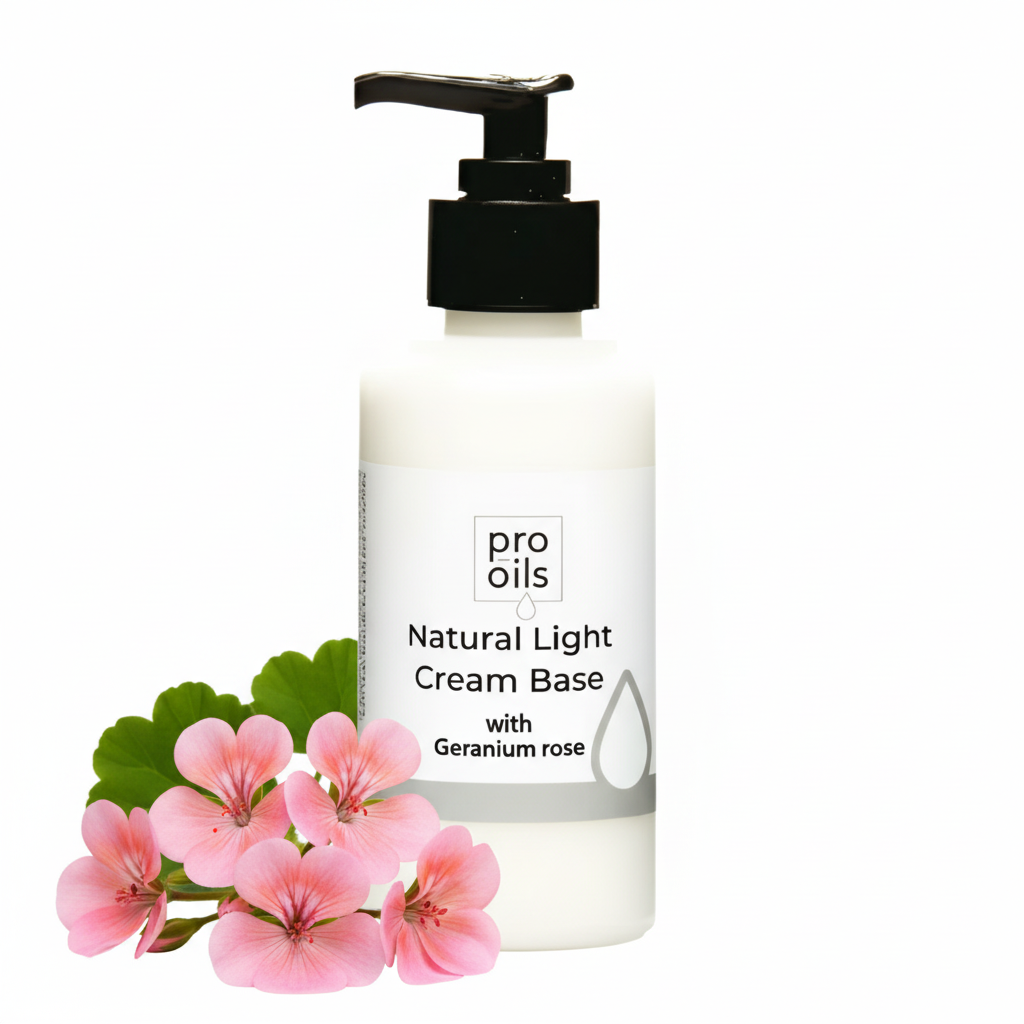 Pro Oils Natural Light Cream Base with Geranium Rose on a white background with pink flowers and green leaves.