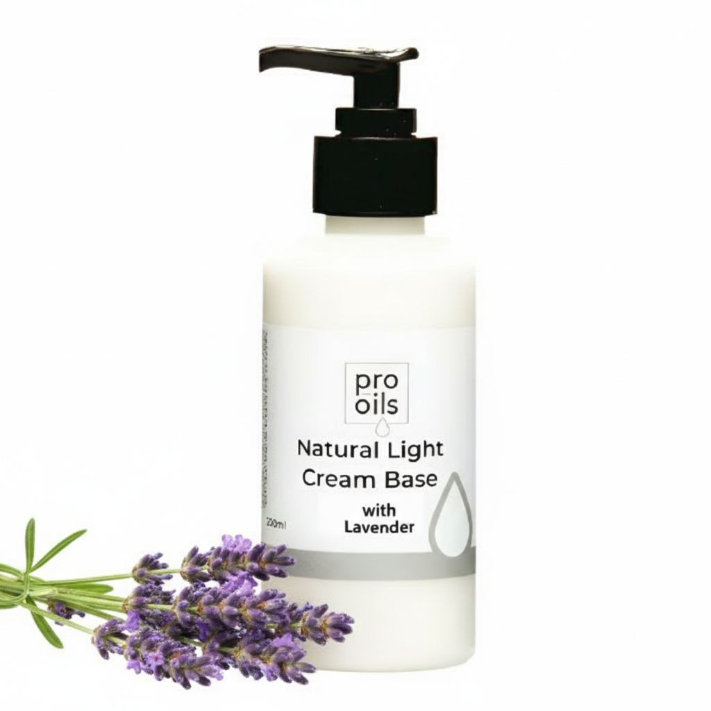Bottle of pro oils Natural Light Cream Base with Lavender on a white background