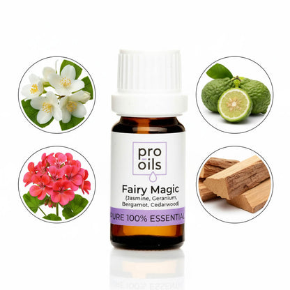 Pro Oils Fairy Magic essential oil bottle with floral and natural product images on a white background