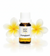 Bottle of Pro Oils Frangipani essential oil with two flowers on a white background