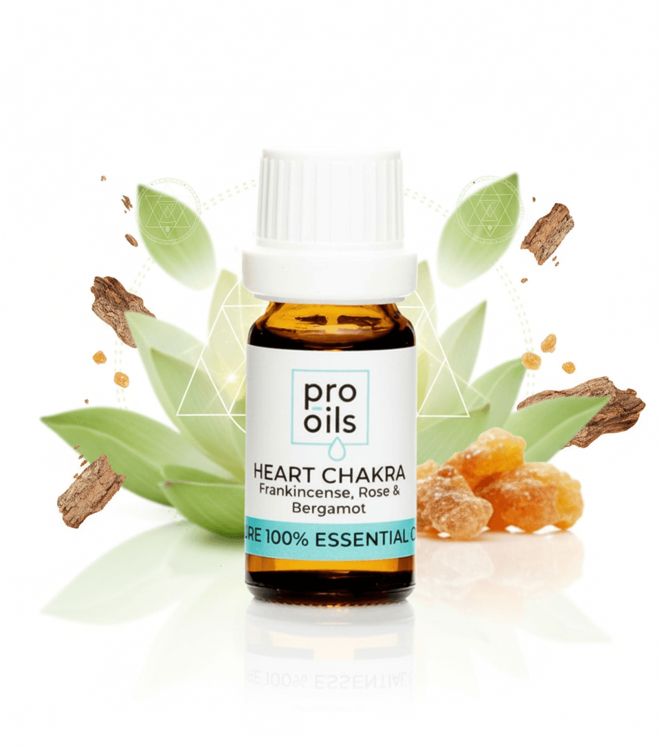 Pro Oils Heart Chakra essential oil bottle with natural elements on a white background