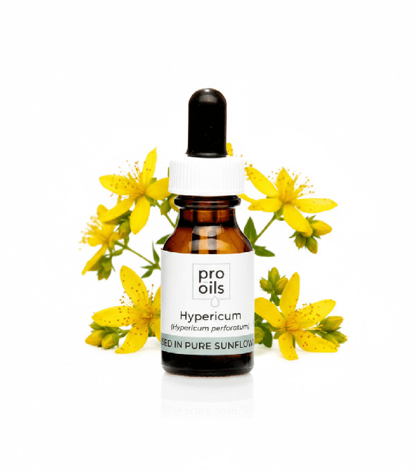 Bottle of Pro Oils Hypericum with yellow flowers on a white background